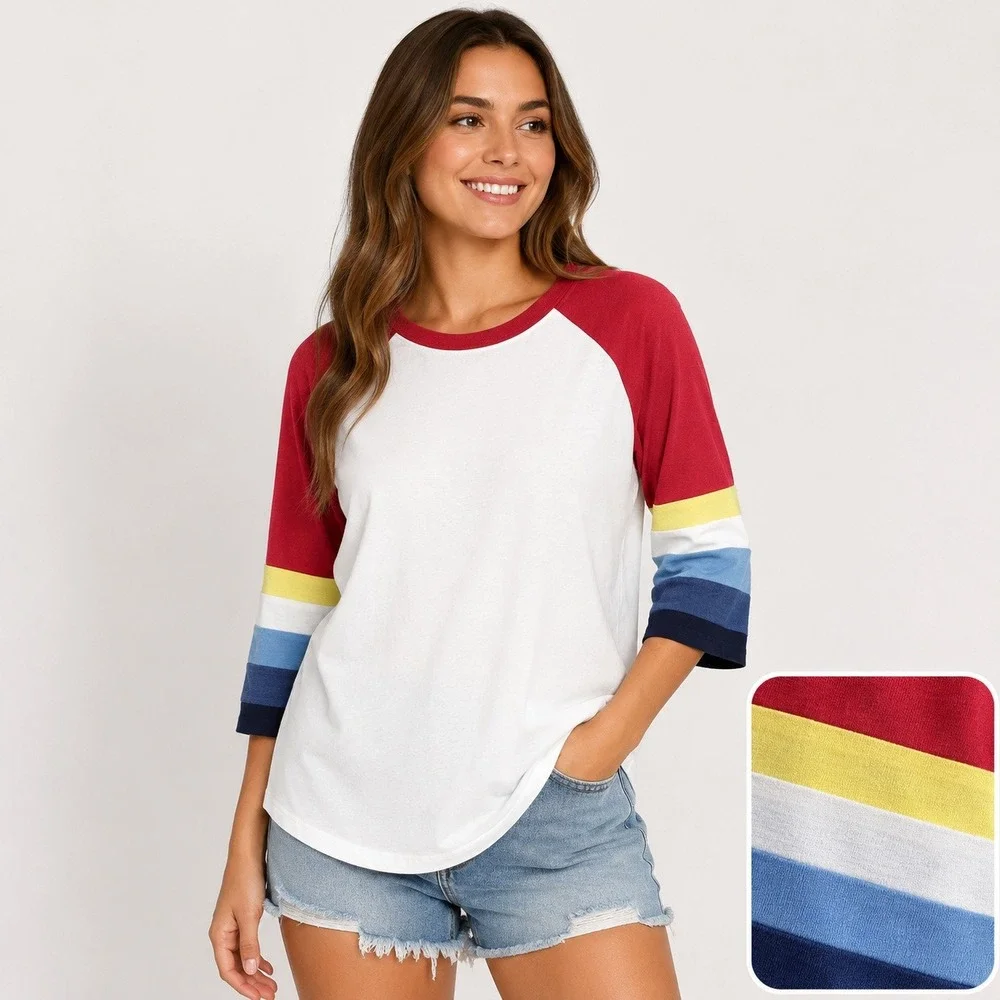 Camp Collection x Free People Yellowstone Tee M Rainbow Stripe Raglan 3/4 Sleeve